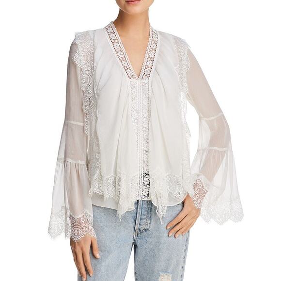 Alice + Olivia Jaden Lace-Paneled Gauze Tunic Top Sheer White Blouse Small - Picture 1 of 11